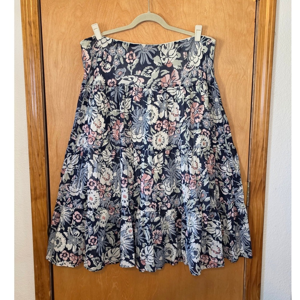 Chaps XL Tiered Midi Skirt 100% Cotton Gauze Blue Pink Floral Peasant Boho